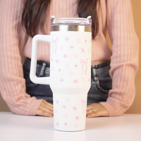 Cute Star Print Stainless Steel Tumbler with Handle | Double Wall Insulated Travel Mug with Straw