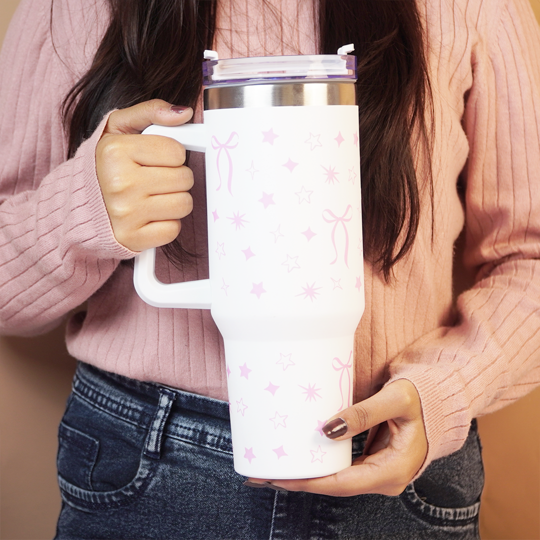 Cute Star Print Stainless Steel Tumbler with Handle | Double Wall Insulated Travel Mug with Straw