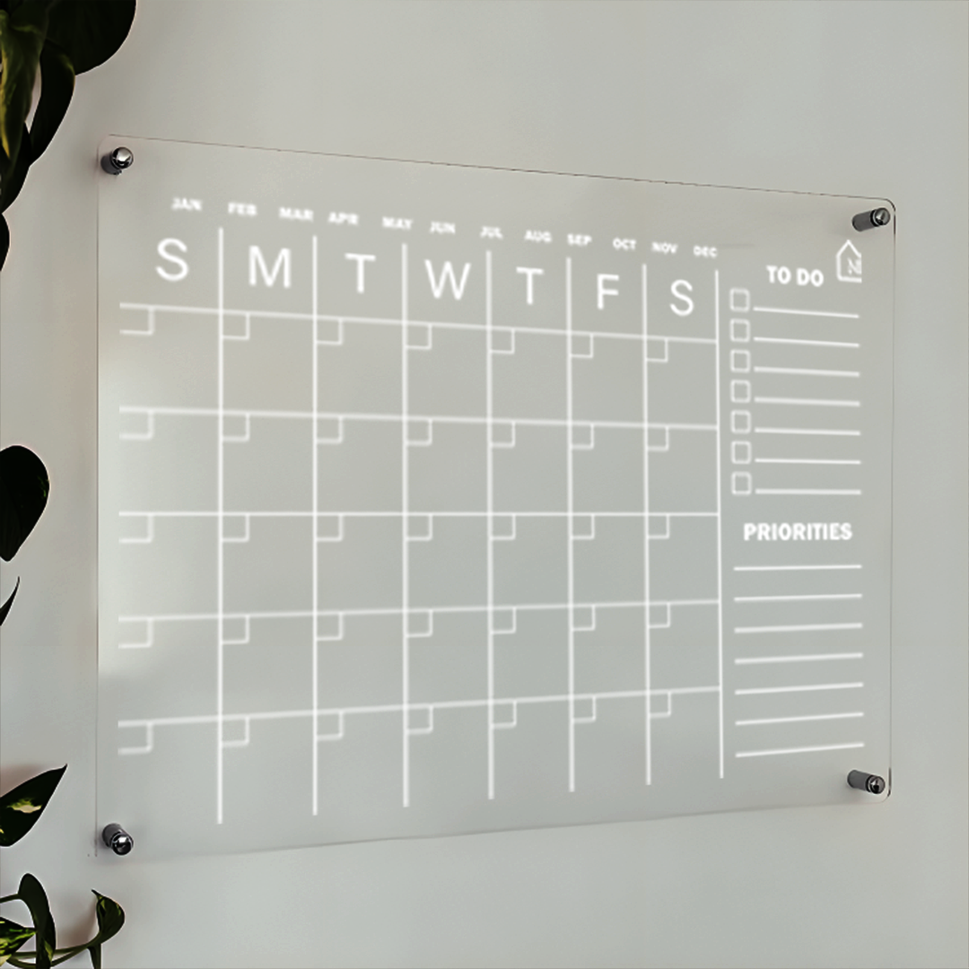 Clear Acrylic Wall Planner with Monthly Grid & Priority Section – Reusable Planner Board