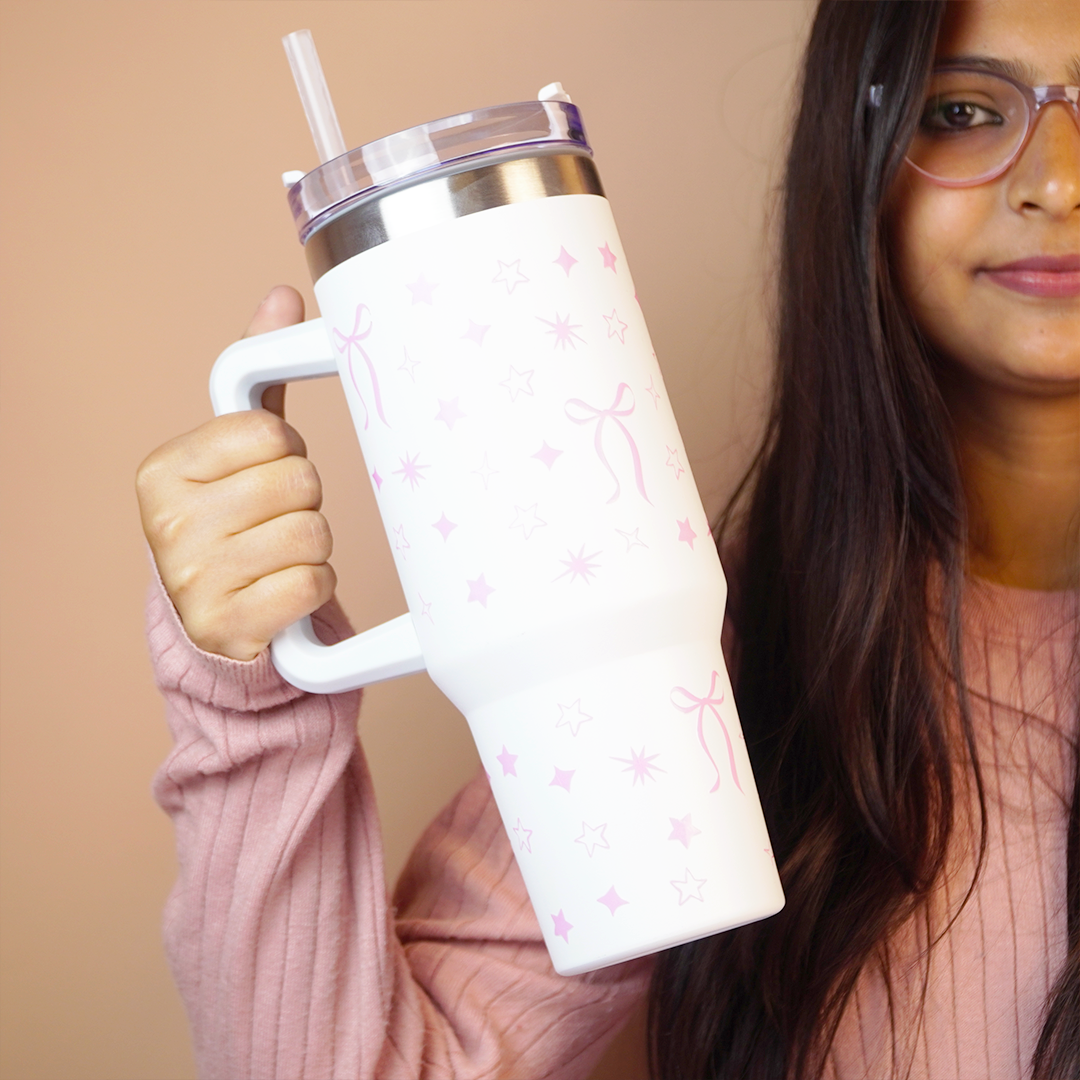Cute Star Print Stainless Steel Tumbler with Handle | Double Wall Insulated Travel Mug with Straw