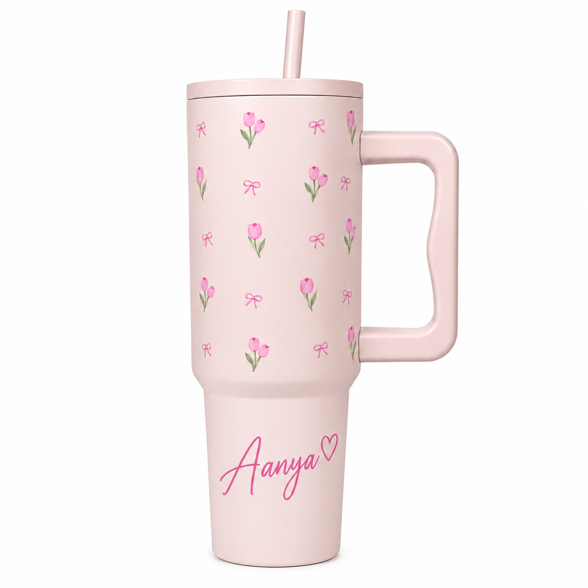 Personalized  Pink Tulip Bow Tumbler with Straw & Hand