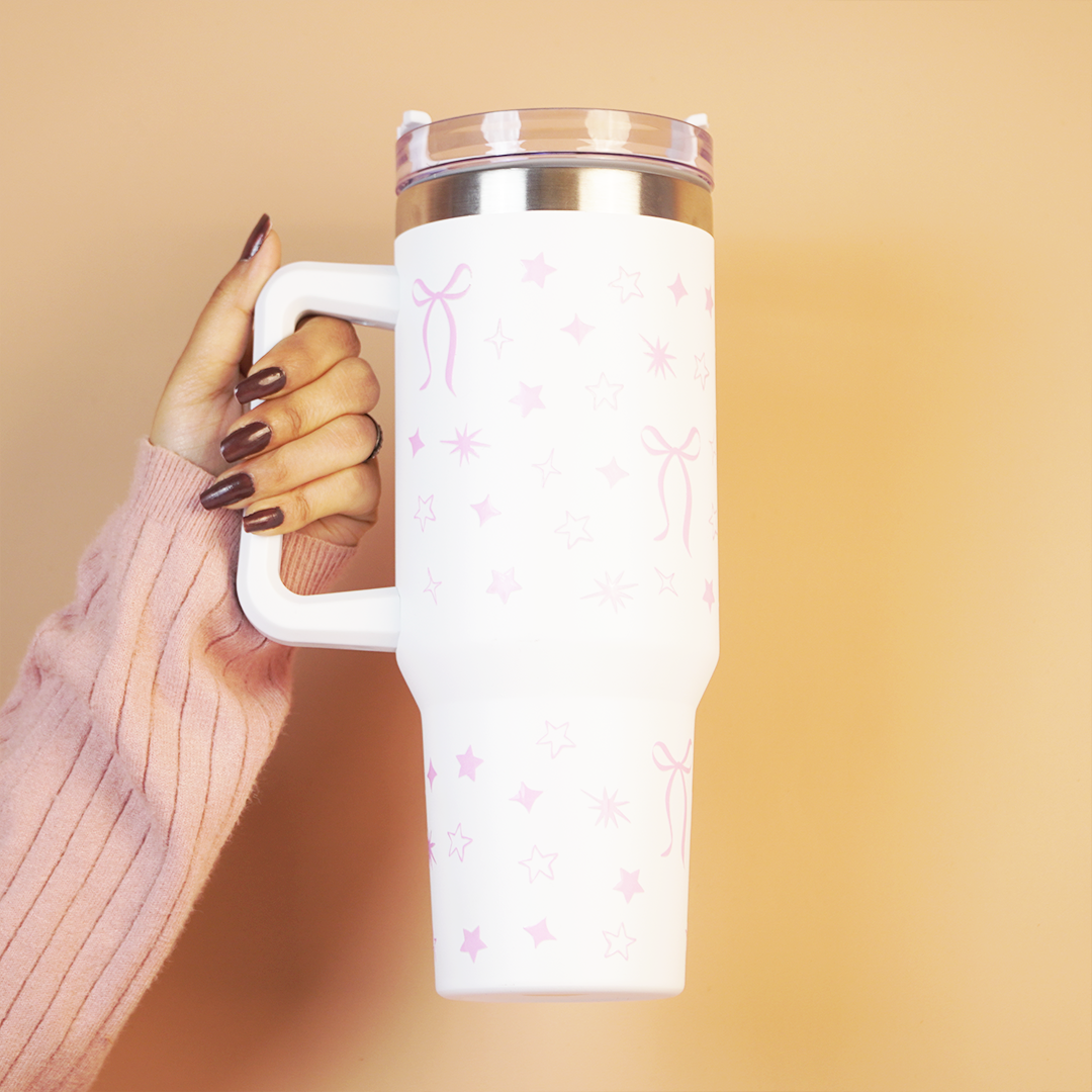 Cute Star Print Stainless Steel Tumbler with Handle | Double Wall Insulated Travel Mug with Straw