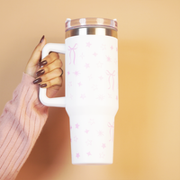Cute Star Print Stainless Steel Tumbler with Handle | Double Wall Insulated Travel Mug with Straw