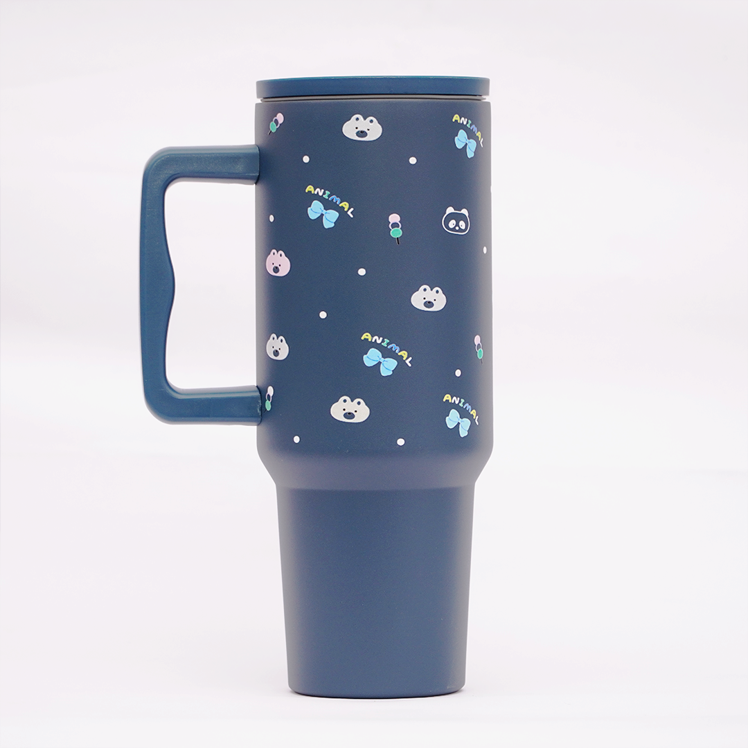 Cute Animal Print Stainless Steel Travel Tumbler with Handle & Leakproof Lid | Double Wall Vacuum Insulated Coffee Mug