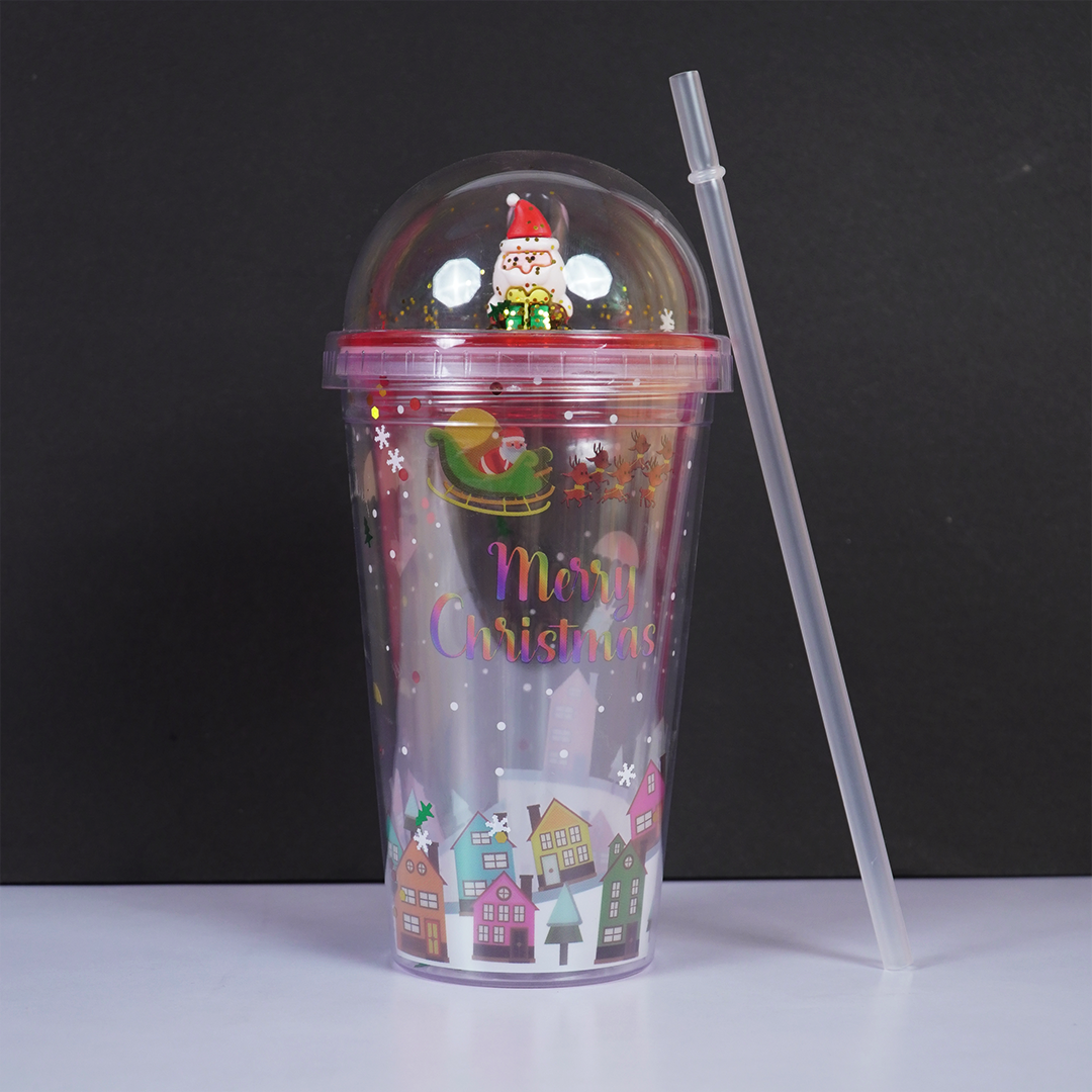 Merry Christmas Transparent Sipper with Dome Lid & Straw (Random Design Only Pack of 1)