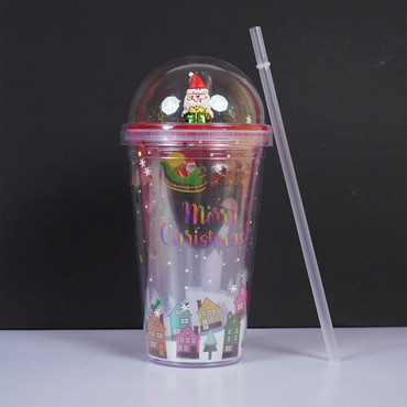 Merry Christmas Transparent Sipper with Dome Lid & Straw (Random Design Only Pack of 1)
