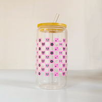 Glass Tumbler Combo – Cherry & Panda Design with Bamboo Lid & Straw (Set of 2)