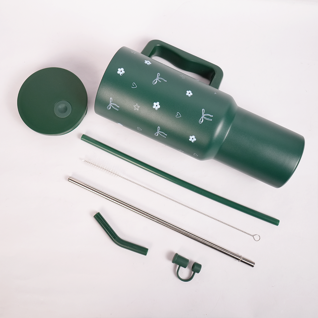 Deep Forest Green Floral & Bow Tumbler with Ergonomic Handle