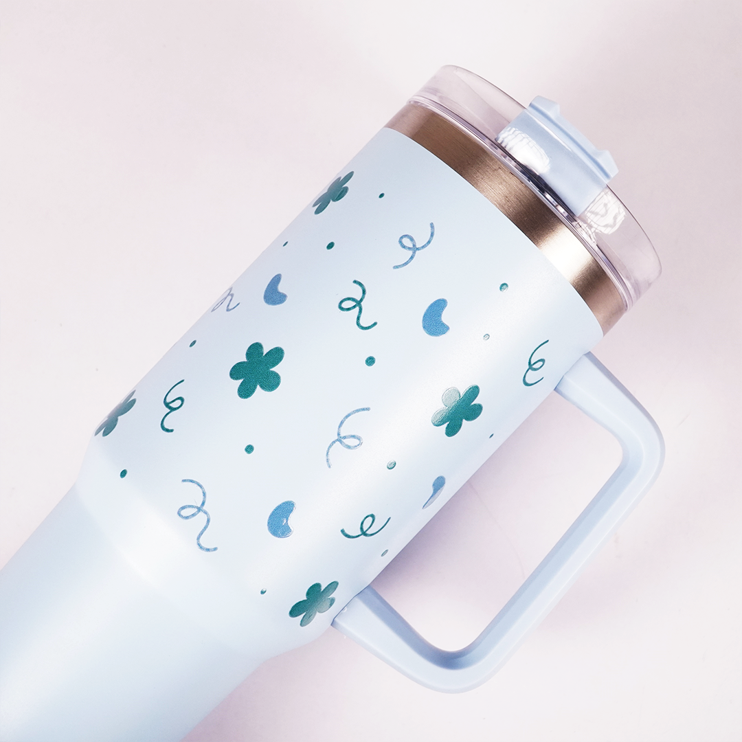 Blue Floral & Heart Print Tumbler – Insulated Travel Tumbler with Handle & Straw