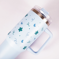 Blue Floral & Heart Print Tumbler – Insulated Travel Tumbler with Handle & Straw