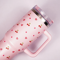 Pink Cherry & Floral Print Tumbler – Insulated Travel Tumbler with Handle & Straw