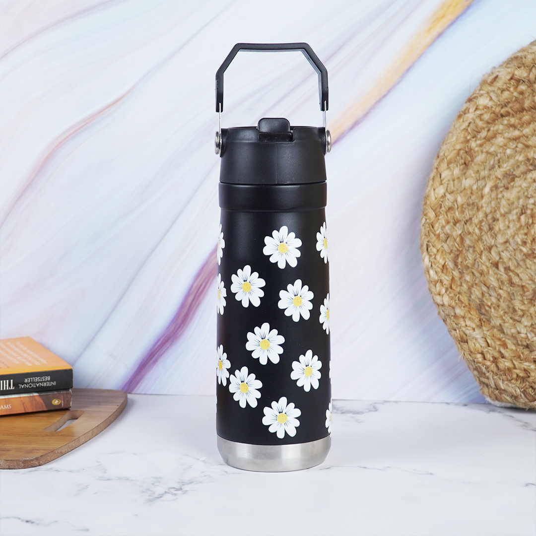 Daisy Print Black Stainless Steel Water Bottle
