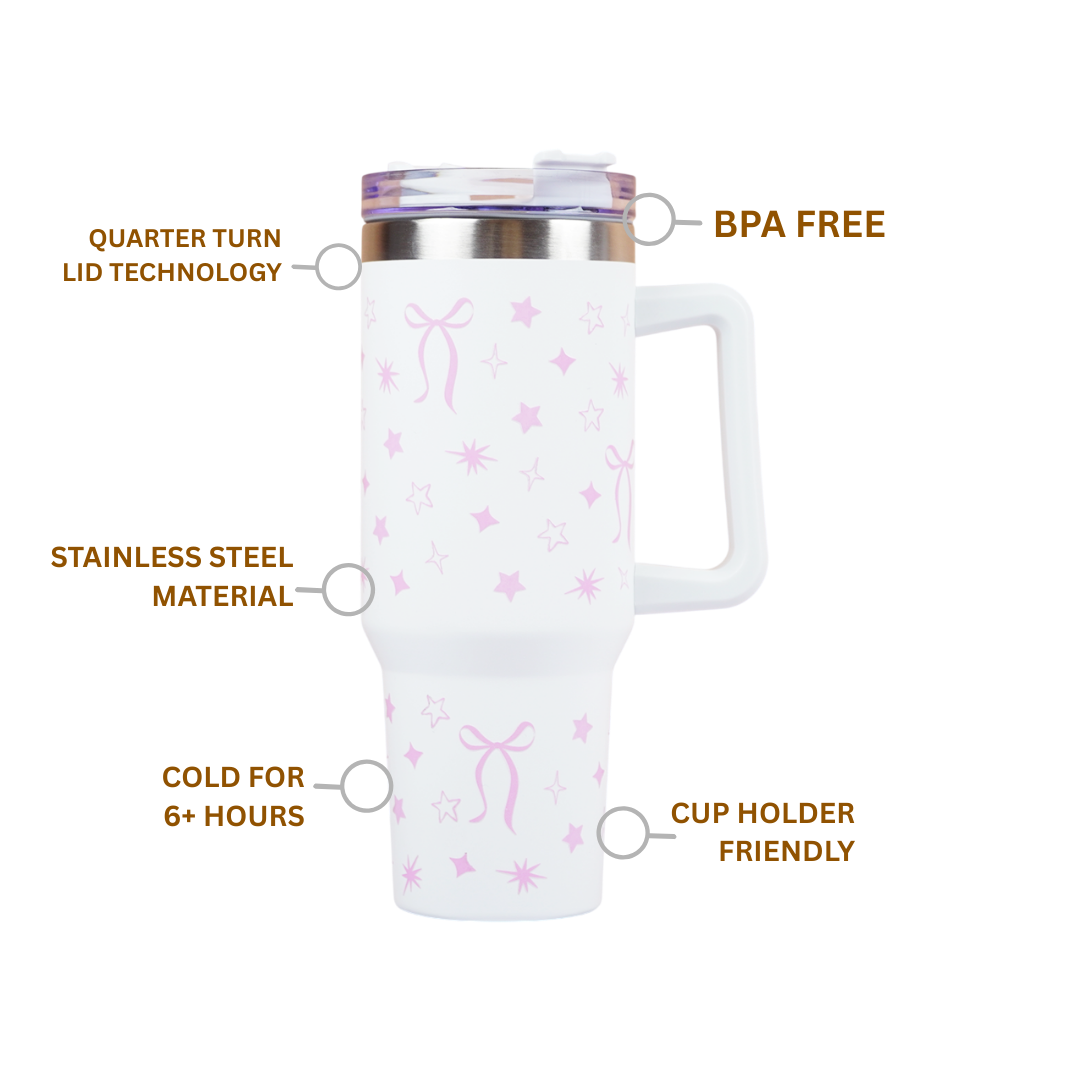 Cute Star Print Stainless Steel Tumbler with Handle | Double Wall Insulated Travel Mug with Straw