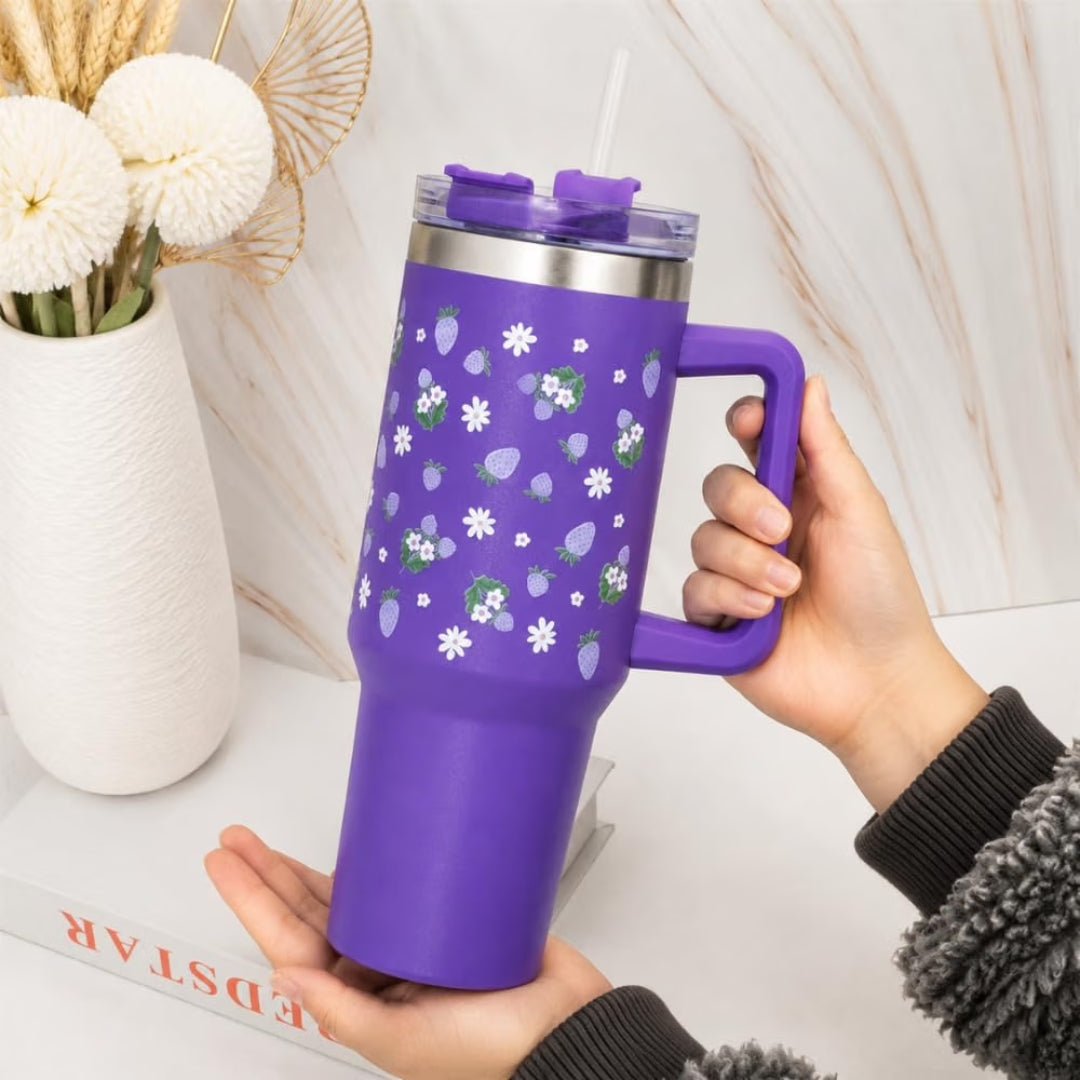 Strawberry Floral Print Tumbler with Handle & Straw | Reusable Travel Water Cup | Stylish Drinkware