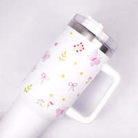 White Floral Butterfly Tumbler with Straw & Handle – Cute Aesthetic Travel Tumbler