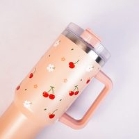 Peach Strawberry Heart Tumbler with Straw & Handle – Cute Floral Travel Tumbler