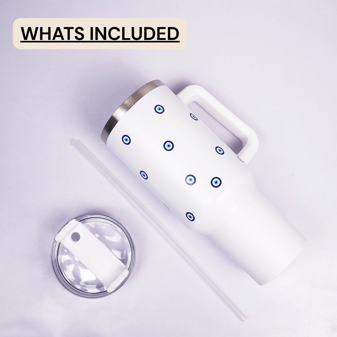 White Evil Eye Print Tumbler with Straw & Handle