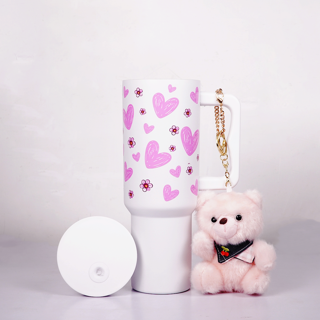 Pink Floral Heart Print White  Travel Tumbler with Handle & Straw