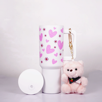 Pink Floral Heart Print White  Travel Tumbler with Handle & Straw