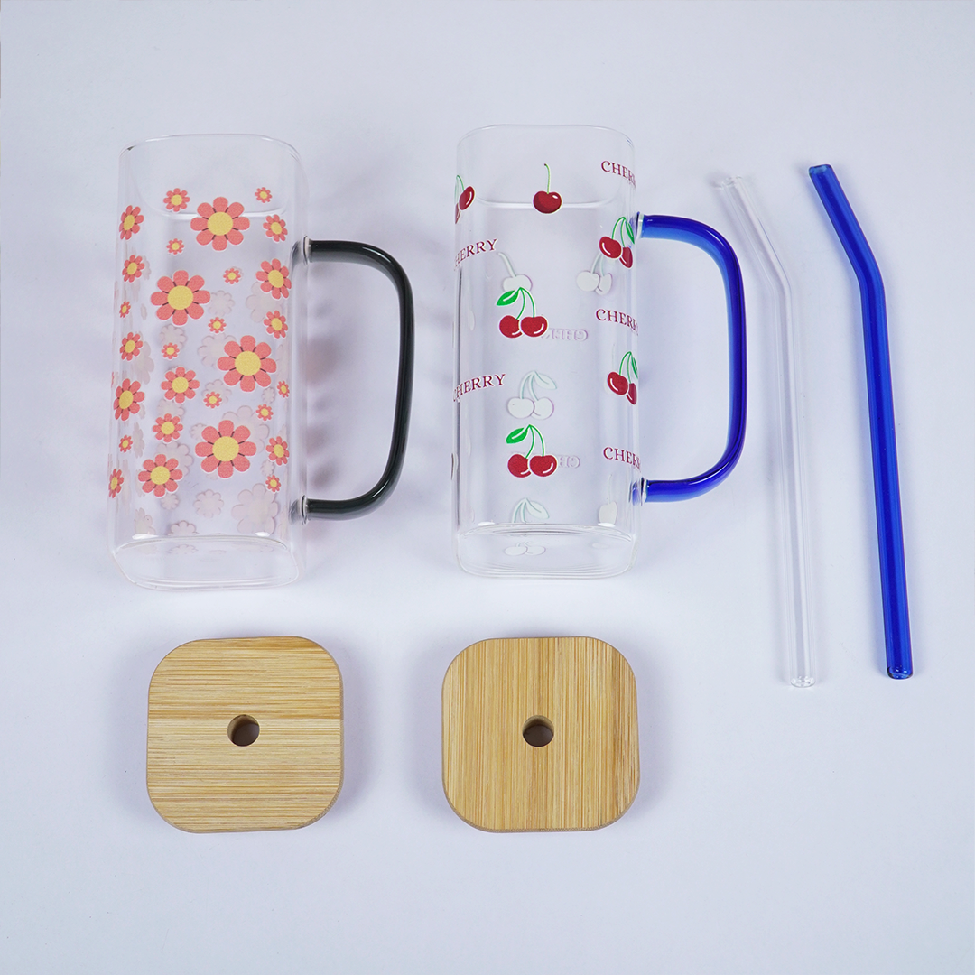 Set-2 Cherry & Floral Glass Cup with Bamboo Lid & Straw
