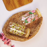 Set-2 Floral Glass Tumbler with Bamboo Lid & Straw