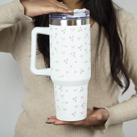 Floral Stainless Steel Insulated Tumbler with Handle & Straw – 1200ml Leakproof Travel Mug | Height 27cm, Width 7cm