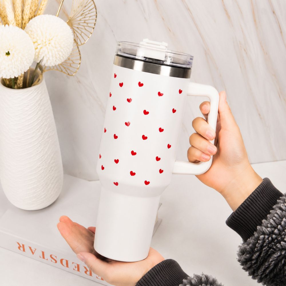 Cute Red Heart Print White Stainless Steel Tumbler with Handle