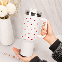 Cute Red Heart Print White Stainless Steel Tumbler with Handle