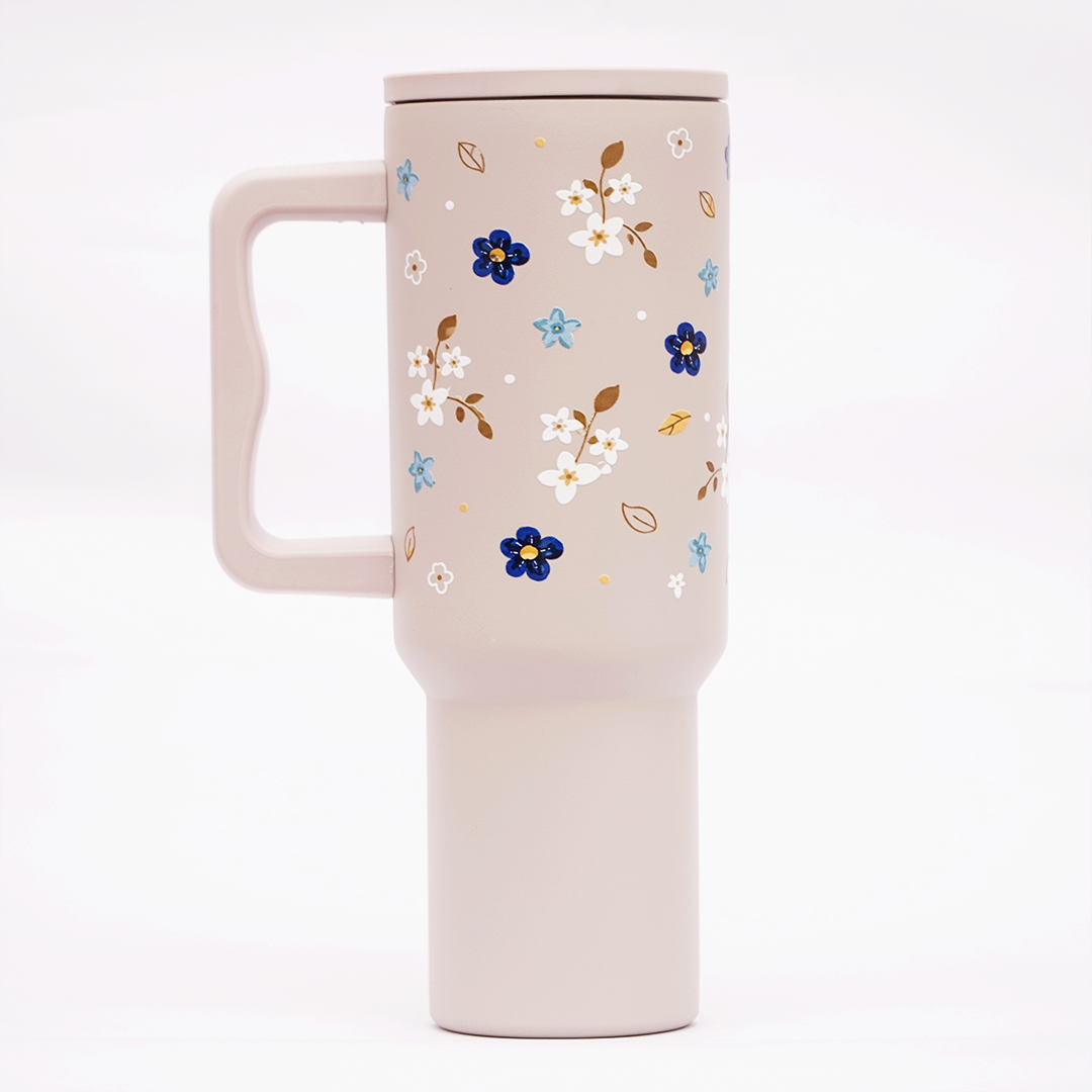 Blue Floral Stainless Steel Travel Tumbler with Handle | Double Wall Insulated & Leakproof