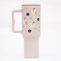 Blue Floral Stainless Steel Travel Tumbler with Handle | Double Wall Insulated & Leakproof