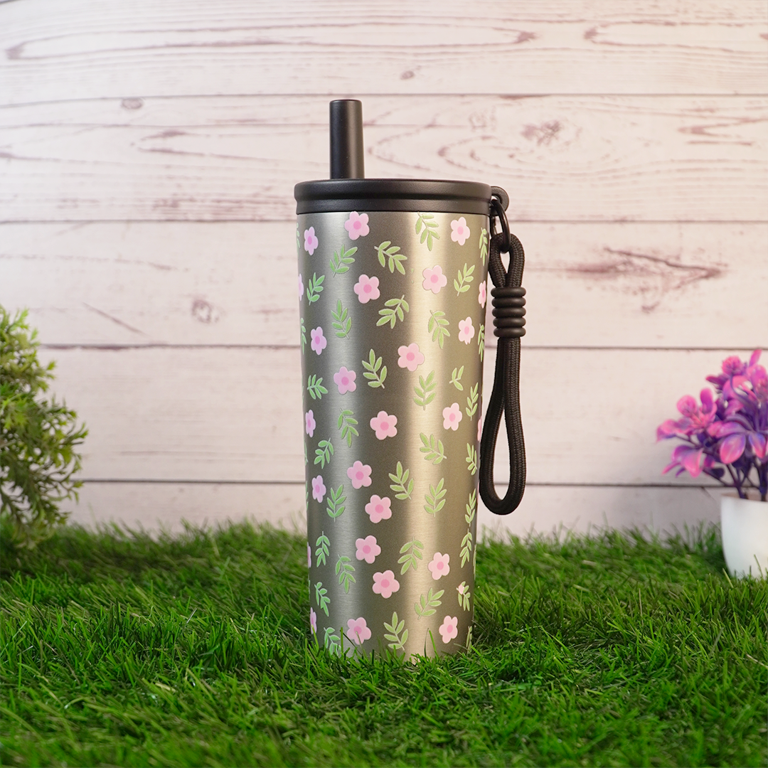 Floral Stainless Steel Tumbler with Straw