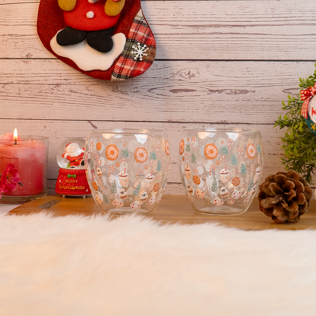 Set-2 Candy Cane & Christmas Treats  -Double Wall Glass Mug