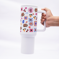 Mediterranean Print Stainless Steel Travel Tumbler with Handle & Leakproof Lid | Double Wall Vacuum Insulated Coffee Mug