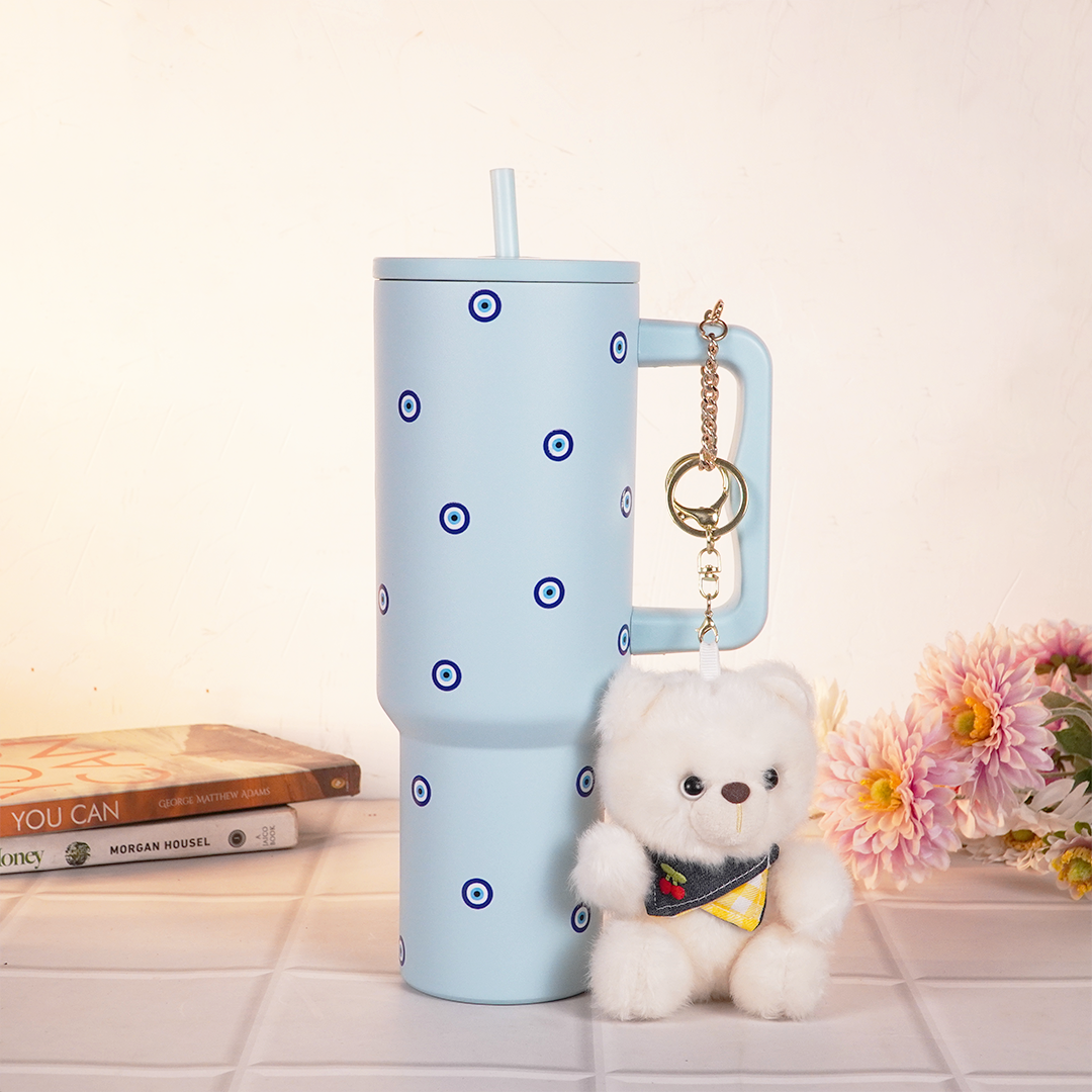 Blue Evil Eye Tumbler with Handle & Straw – Aesthetic Reusable Travel Cup