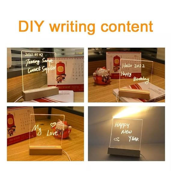 Luminious 3D Acrylic Writing DIY Board with 12 Pens LED Night Light Message Board, Rewritable Message board with Wooden stand, Dry Erase Board for Home &  Office.