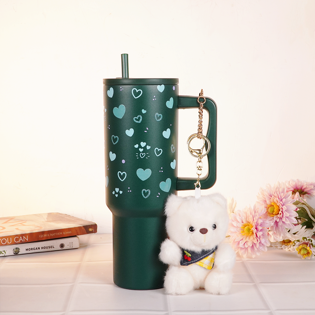 Green Heart Print Tumbler with Straw & Handle
