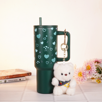 Green Heart Print Tumbler with Straw & Handle