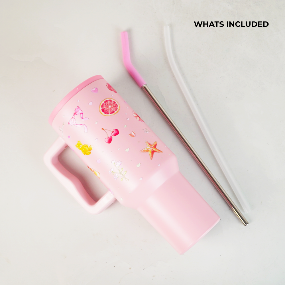 Blush Pop Aesthetic Tumbler with Handle, Straw & Spill-Proof Lid