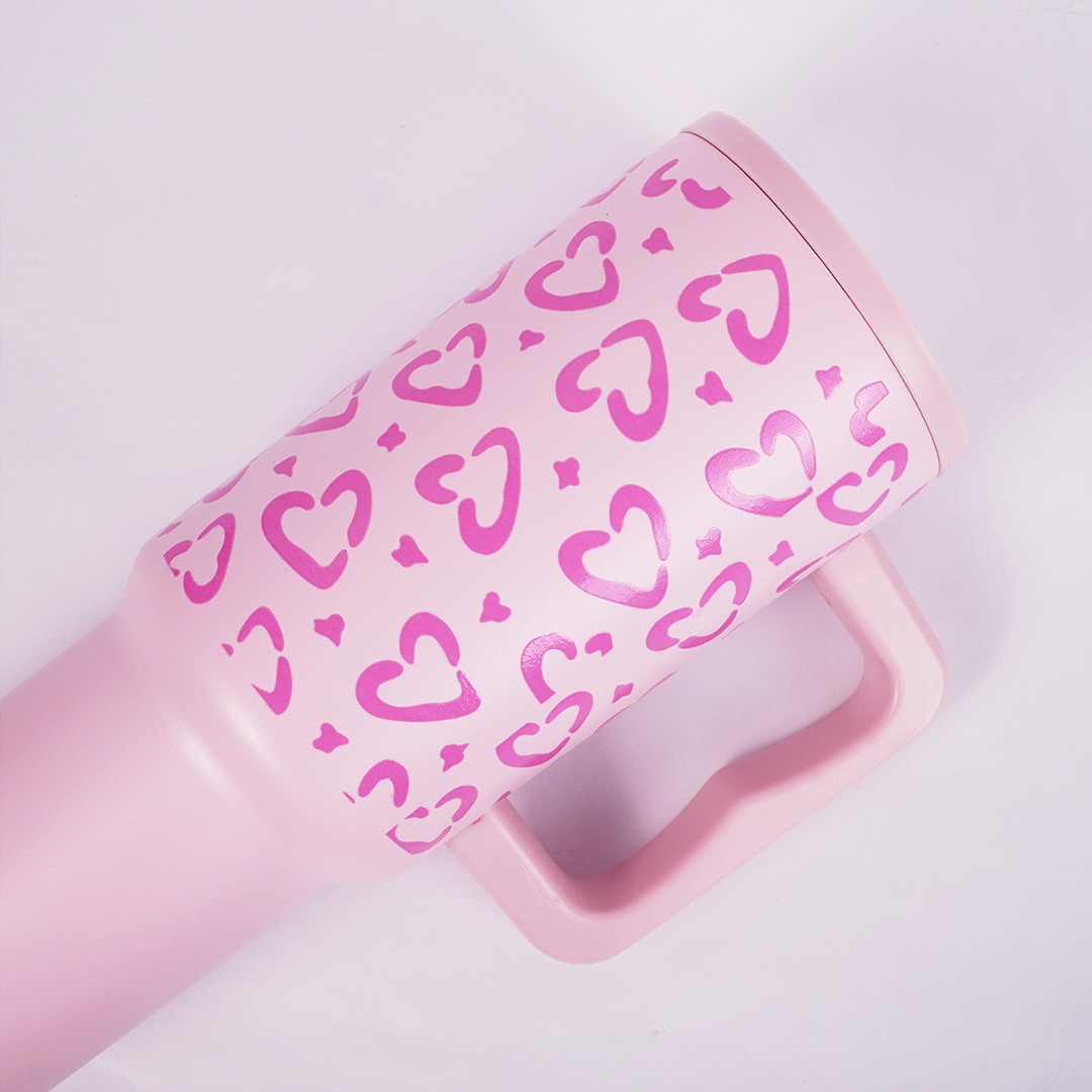 Soft Pink  Heart Leopard Print Travel Tumbler with Handle & Straw