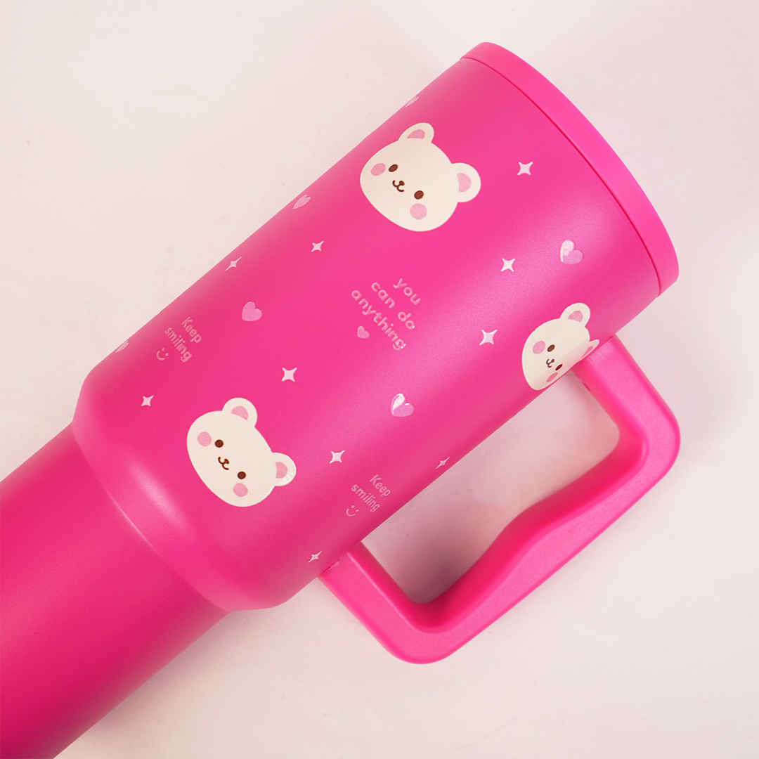 Hot Pink Happy Bear Insulated Tumbler with Handle