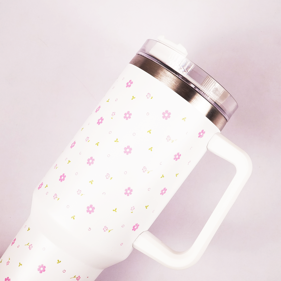 Delicate Pink Flower Tumbler with Handle & Straw