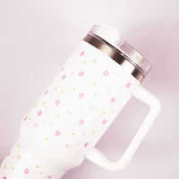 Delicate Pink Flower Tumbler with Handle & Straw