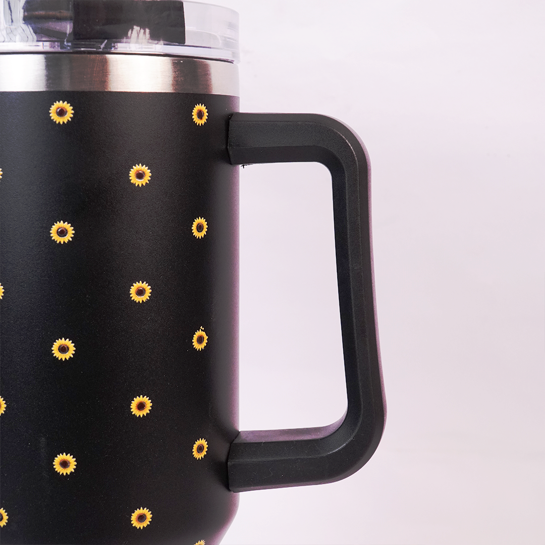 Black Sunflower Tumbler with Handle & Straw – Cute Floral Reusable Travel Cup for Women & Girls