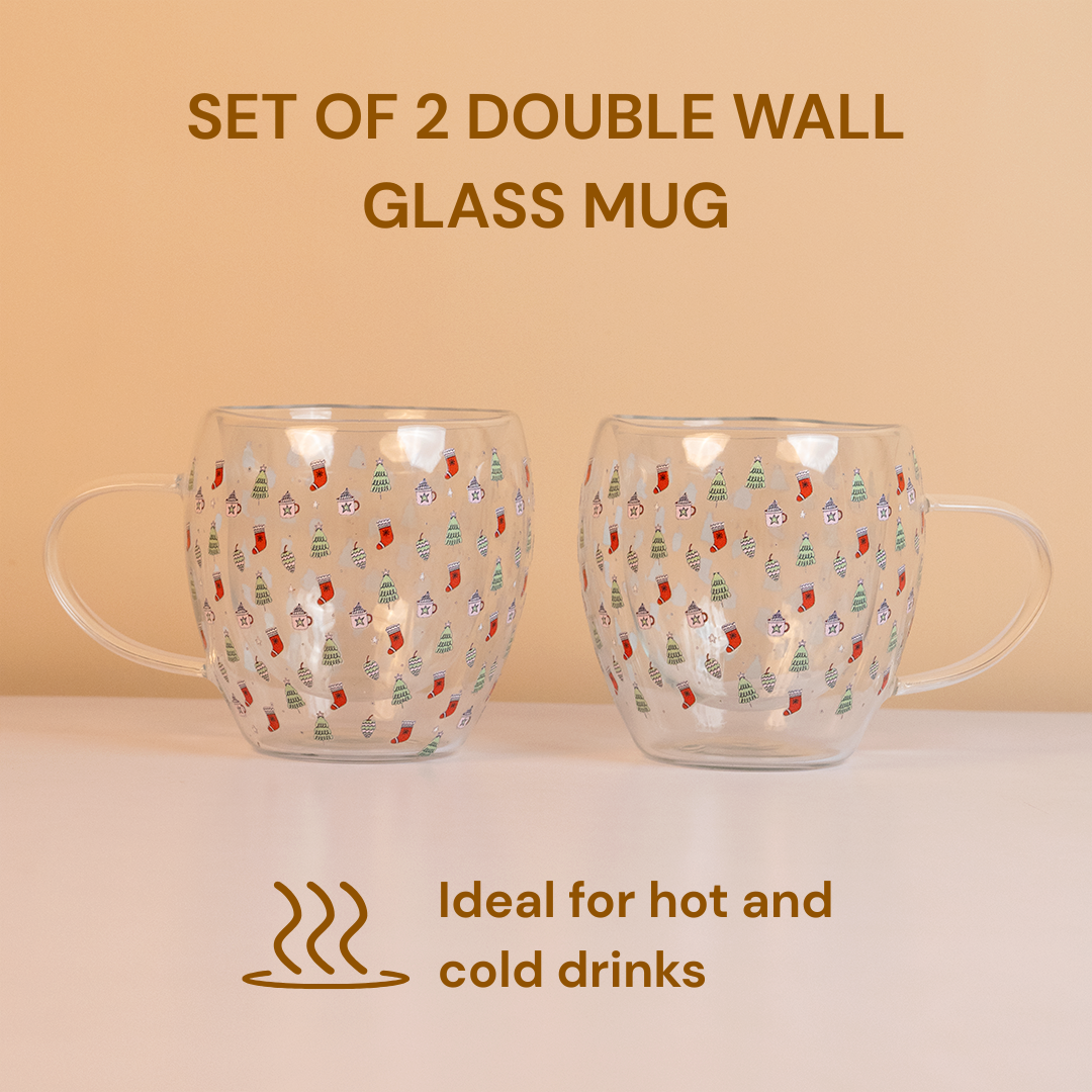 Set-2 Christmas Tree & Stocking -Double Wall Glass Mug