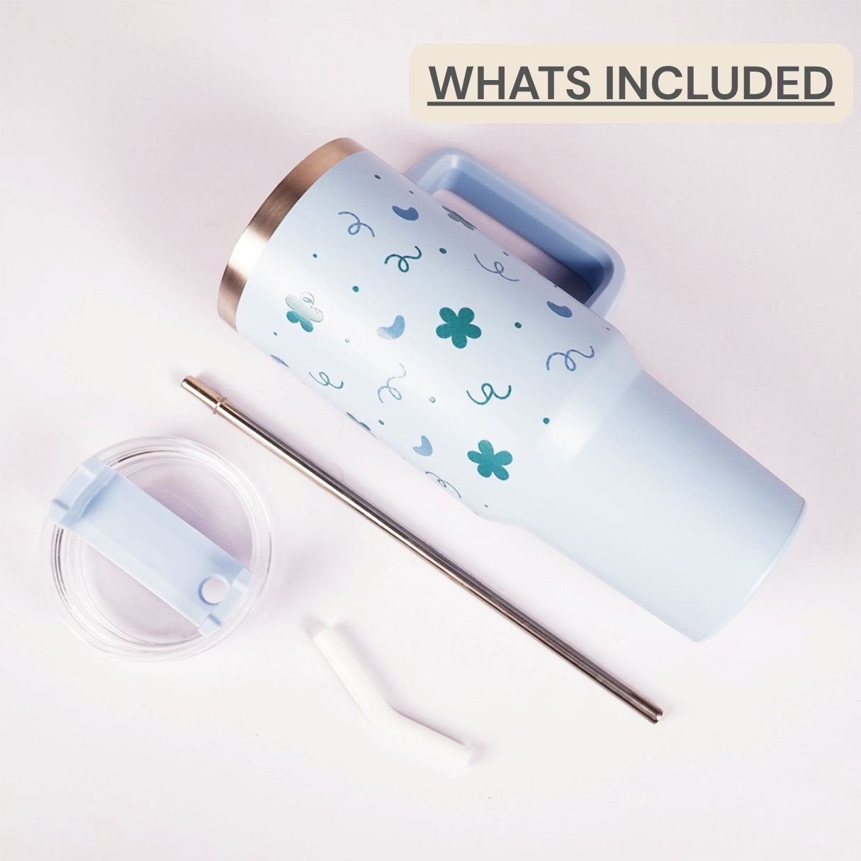 Blue Floral & Heart Print Tumbler – Insulated Travel Tumbler with Handle & Straw