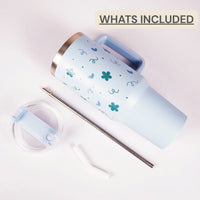 Blue Floral & Heart Print Tumbler – Insulated Travel Tumbler with Handle & Straw