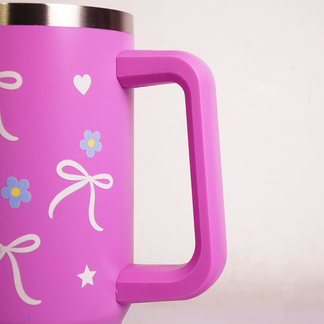 Bow & Floral Print Tumbler with Handle & Straw | Reusable Travel Water Cup | Stylish Drinkware