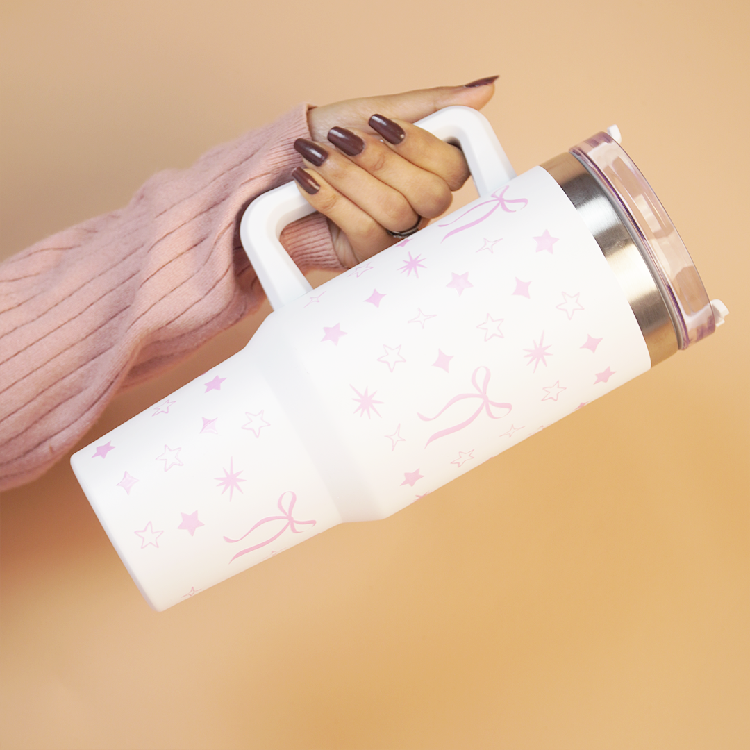 Cute Star Print Stainless Steel Tumbler with Handle | Double Wall Insulated Travel Mug with Straw