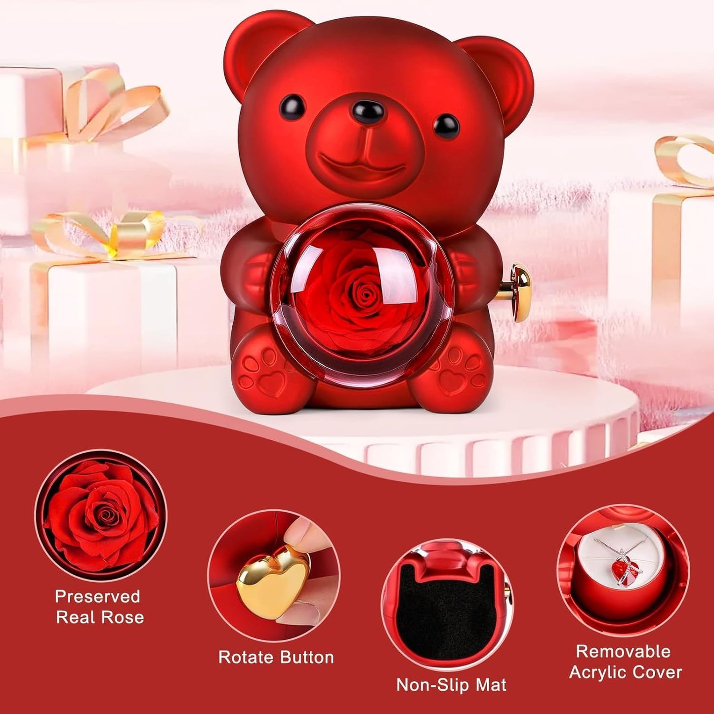 Forever Rose Teddy Bear with Glass Rose Gift Box