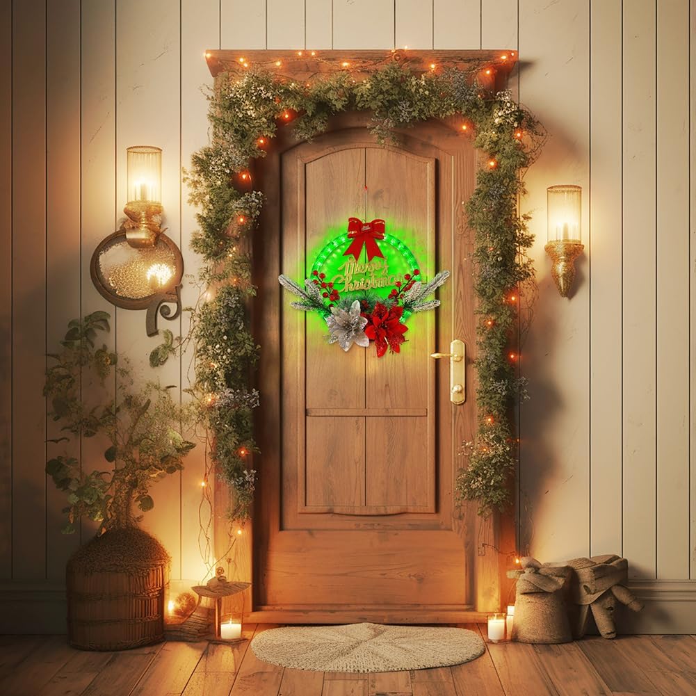 LED Christmas Wreath with Flowers & Red Bow – 30cm